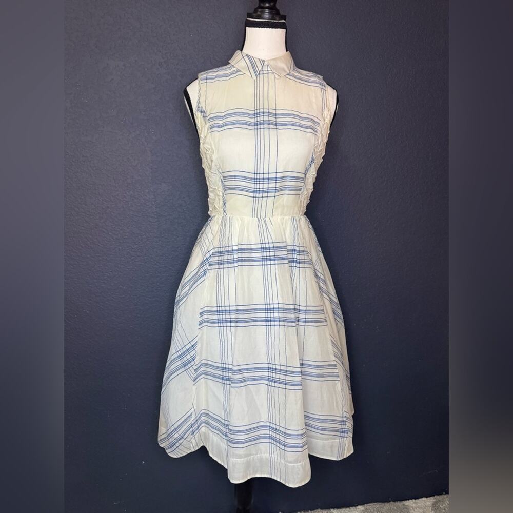 Moulinette Soeurs Blue and Cream Plaid Midi Dress | Size 6